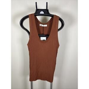 Zara Chocolate Brown Ribbed Tank Top Sleeveless Scoop Neck Stretch Size XL